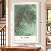 Reading, Ohio map, 24 x 36 inch print in a white frame by a staircase