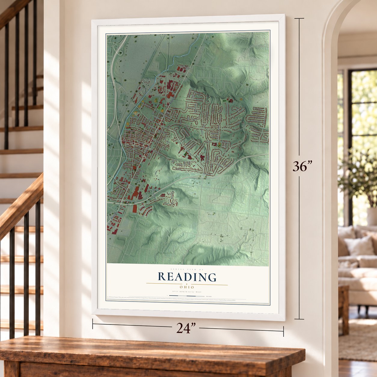 Reading, Ohio map, 24 x 36 inch print in a white frame by a staircase