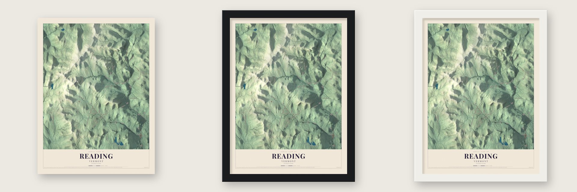 Reading, Vermont map unframed, in a black wood frame and in a white wood frame