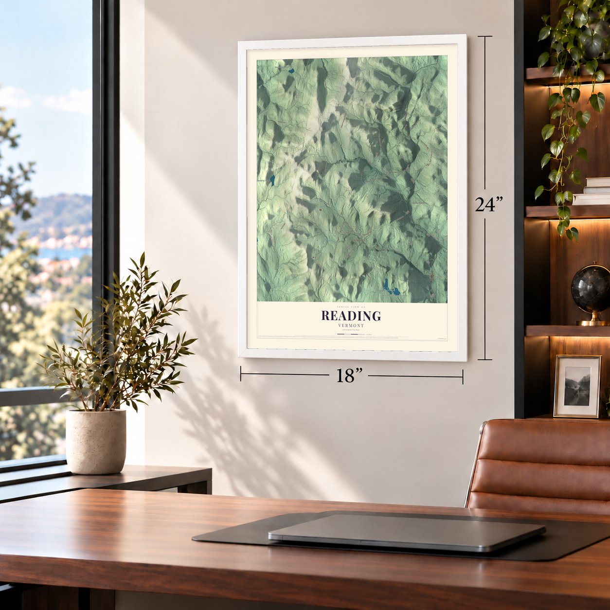 Reading, Vermont map, 18 x 24 inch print in a white frame in a home office
