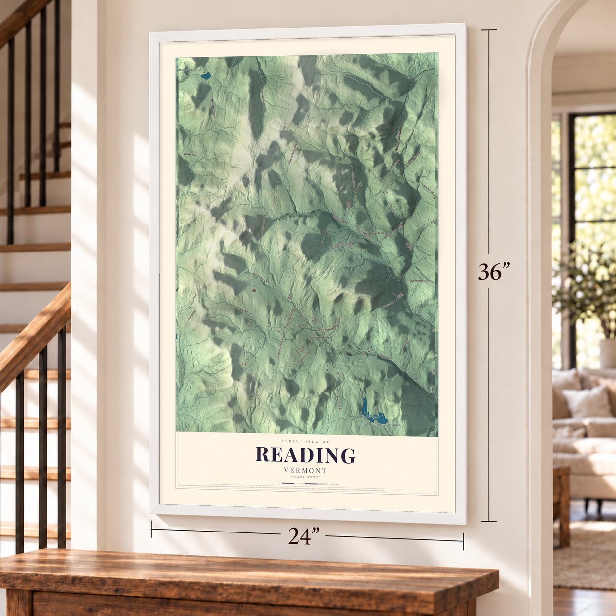 Reading, Vermont map, 24 x 36 inch print in a white frame by a staircase