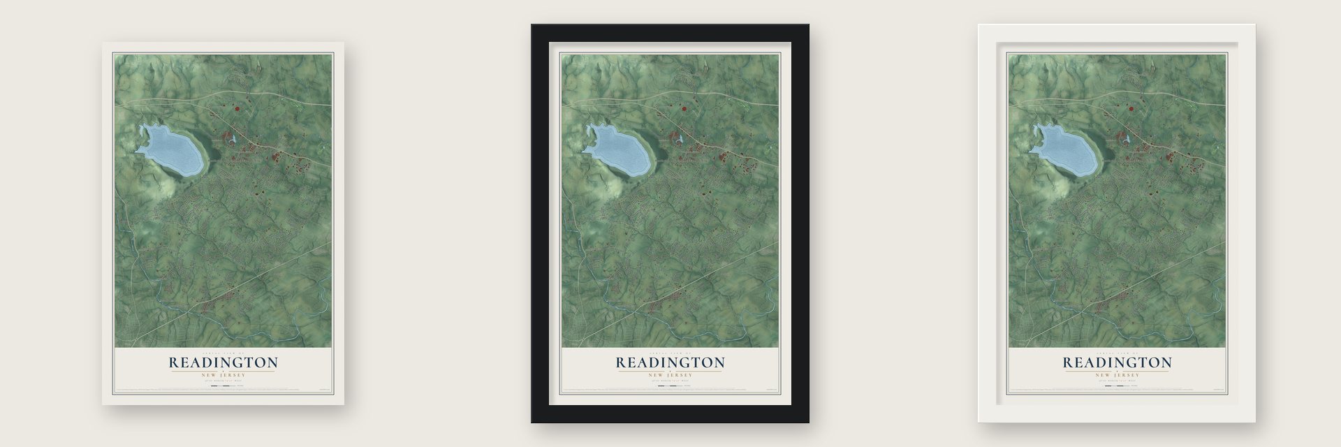 Readington, New Jersey map unframed, in a black wood frame and in a white wood frame