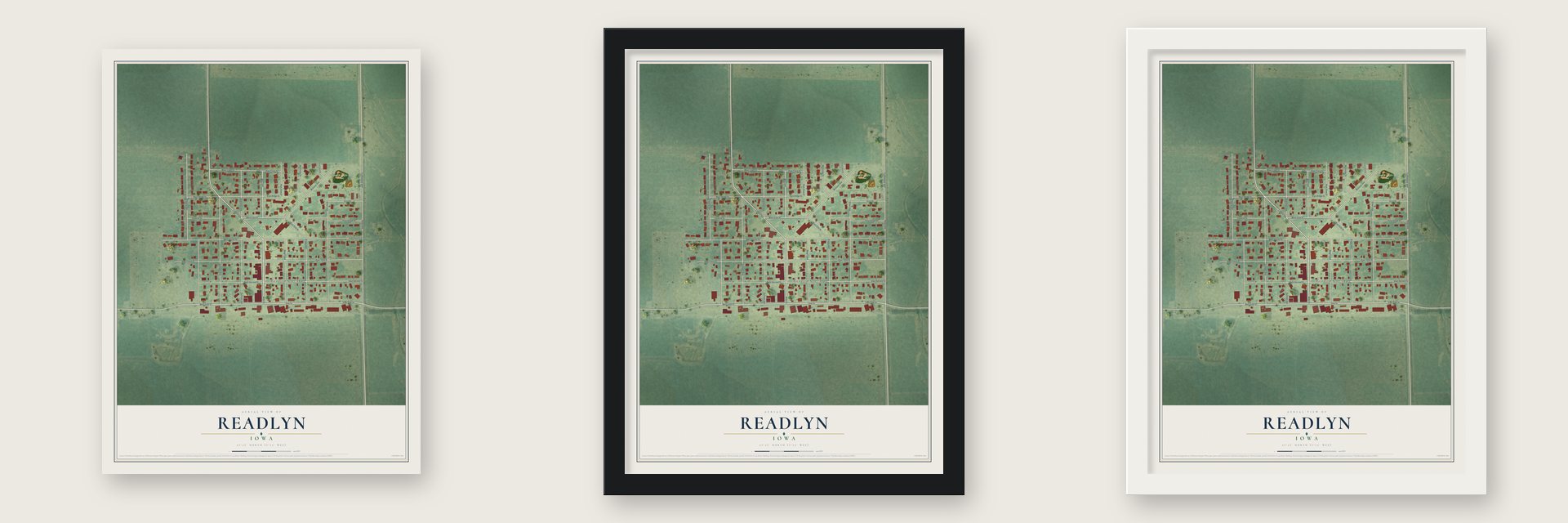 Readlyn, Iowa map unframed, in a black wood frame and in a white wood frame