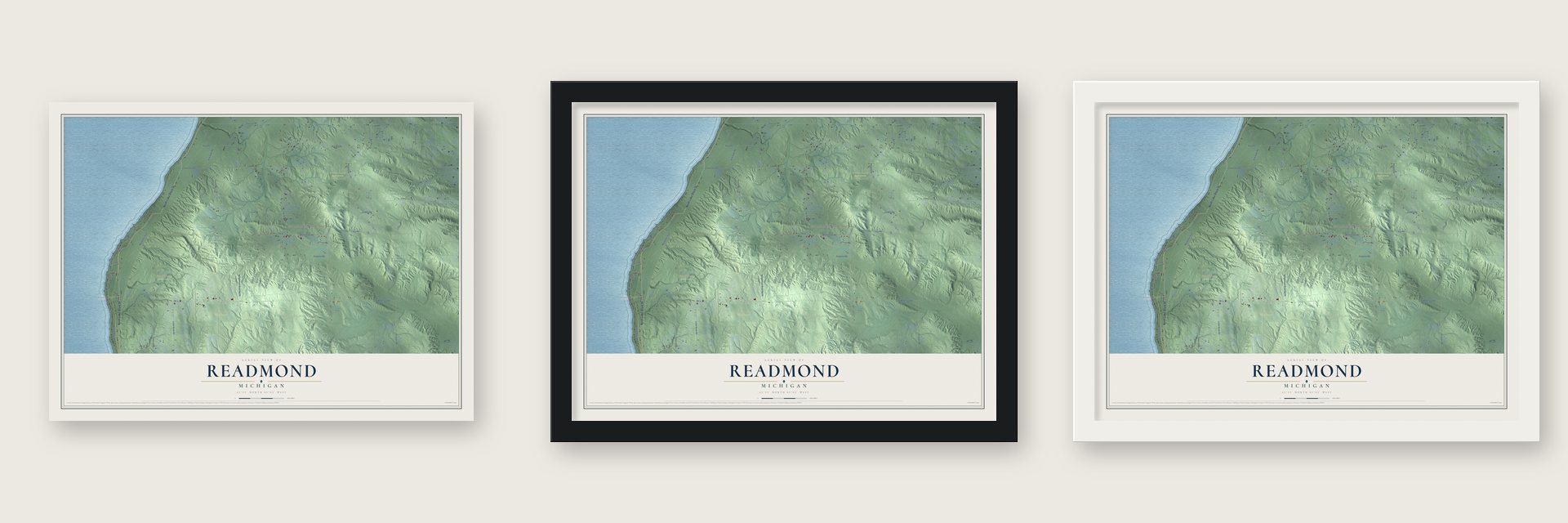 Readmond, Michigan map unframed, in a black wood frame and in a white wood frame