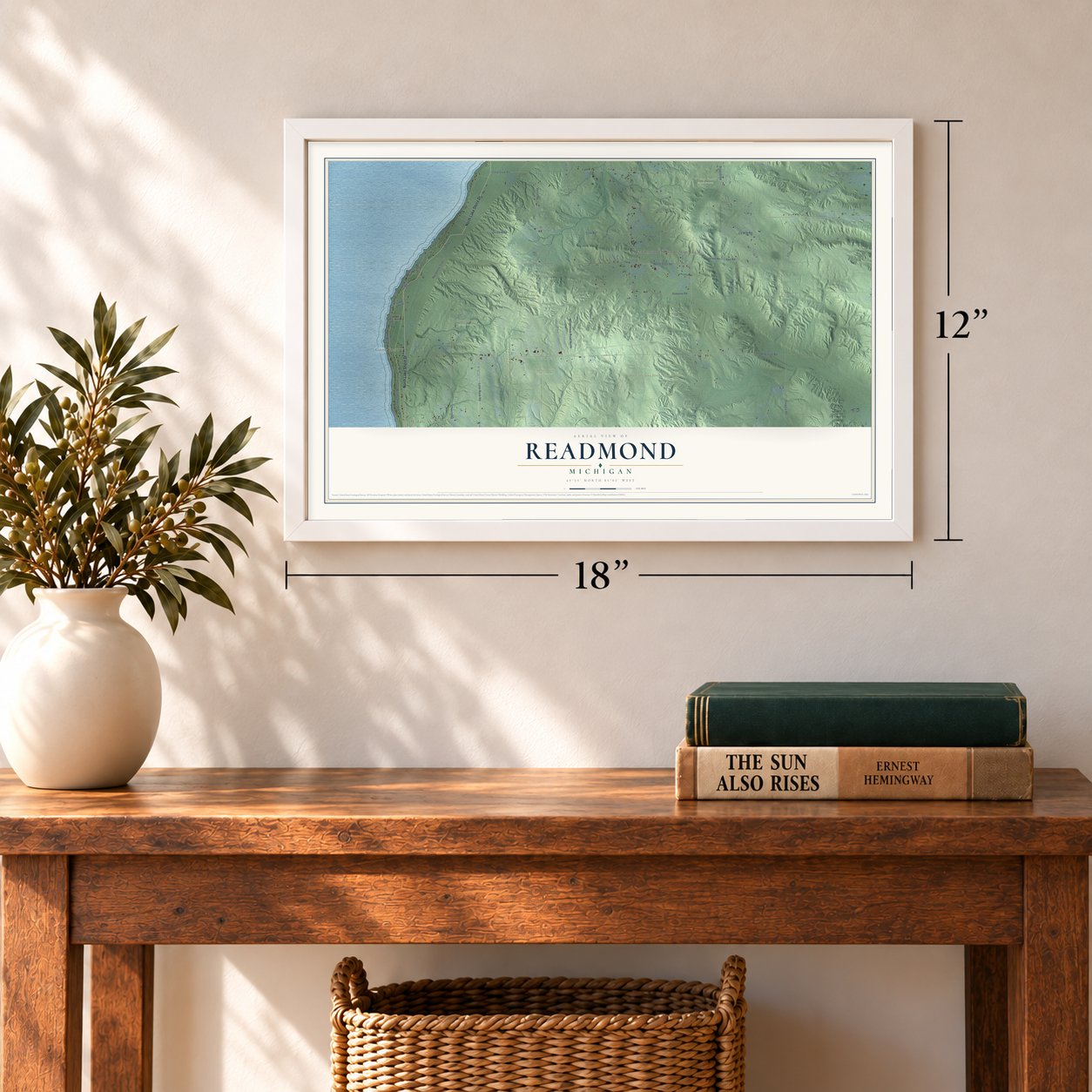 Readmond, Michigan map, 12 x 18 inch print in a white frame in an entryway