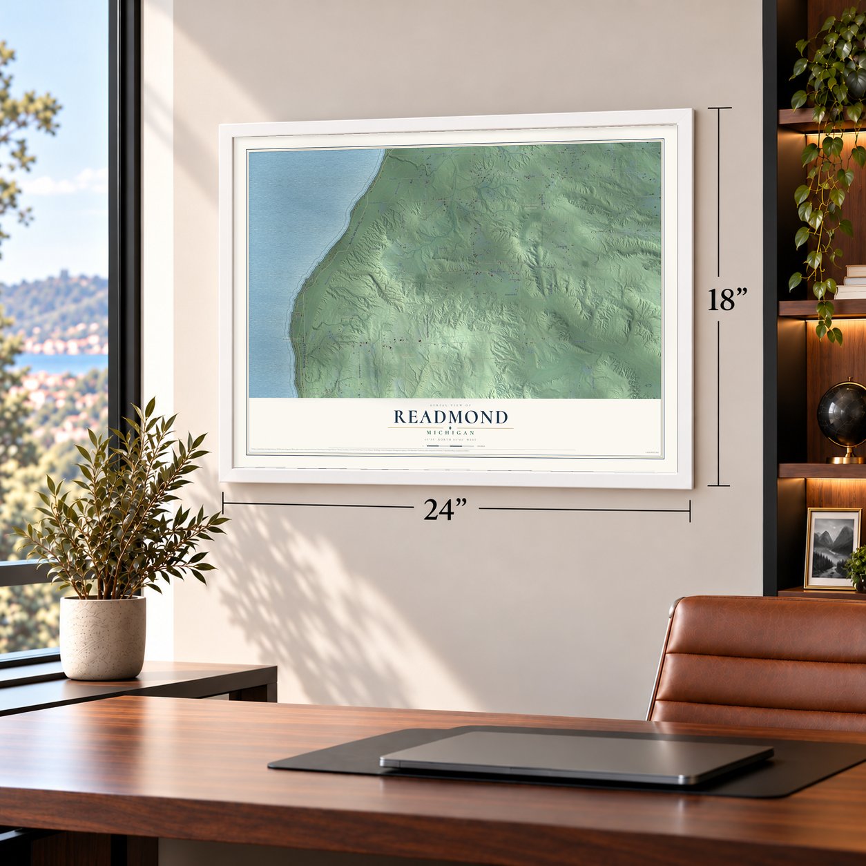Readmond, Michigan map, 18 x 24 inch print in a white frame in a home office