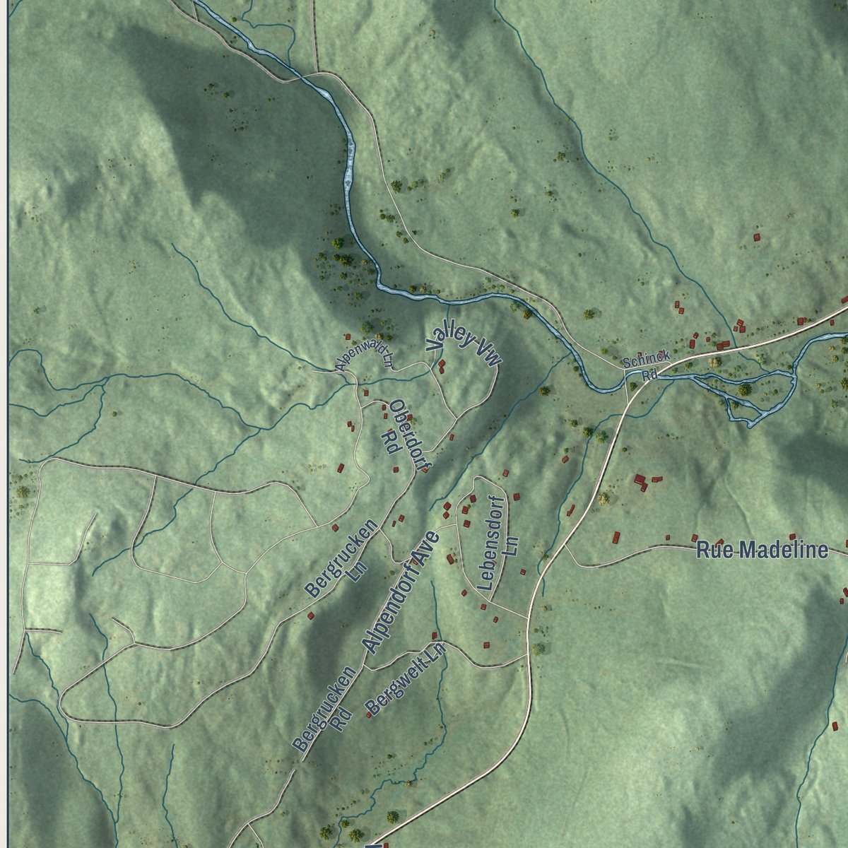 Second close-up of the map of Readsboro, Vermont print showing more streets and buildings