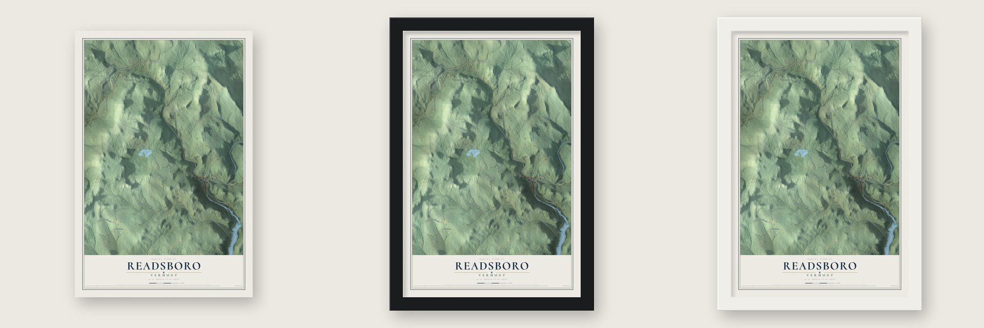 Readsboro, Vermont map unframed, in a black wood frame and in a white wood frame