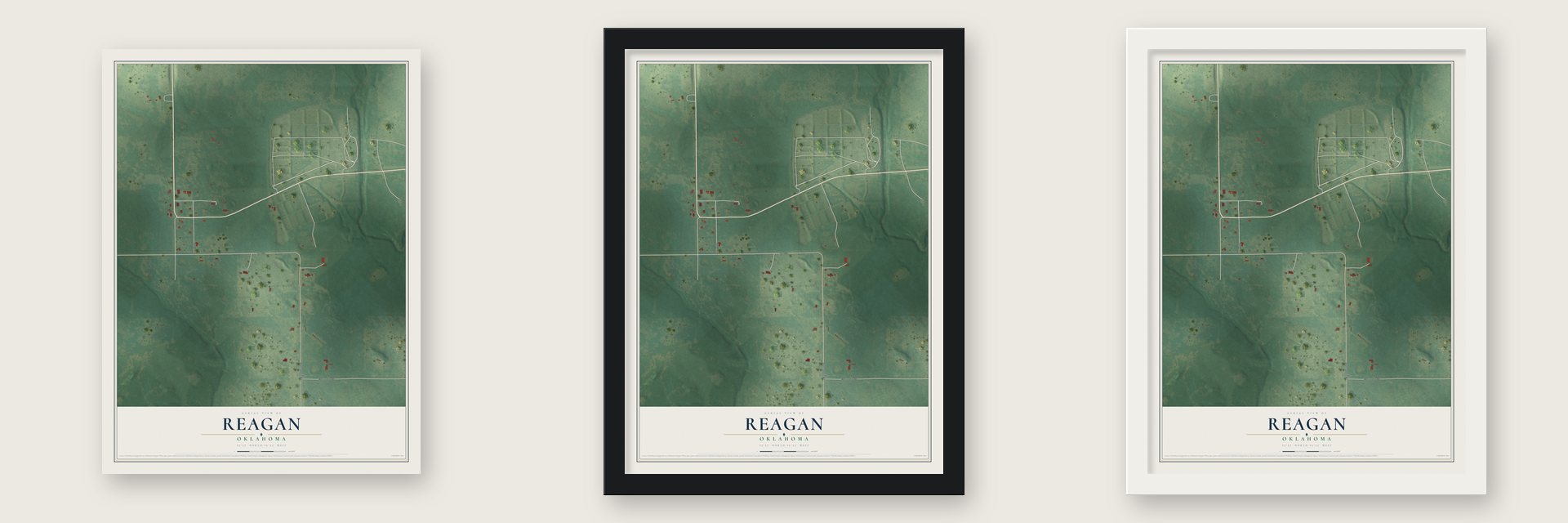 Reagan, Oklahoma map unframed, in a black wood frame and in a white wood frame