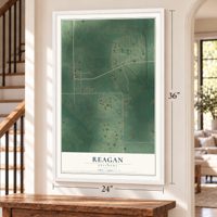 Reagan, Oklahoma map, 24 x 36 inch print in a white frame by a staircase