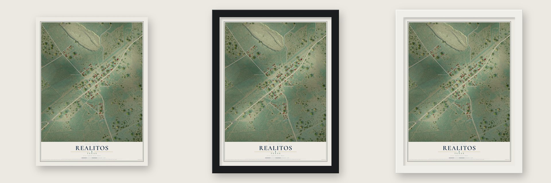 Realitos, Texas map unframed, in a black wood frame and in a white wood frame