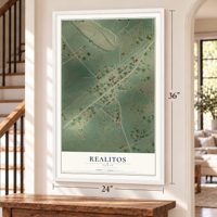Realitos, Texas map, 24 x 36 inch print in a white frame by a staircase