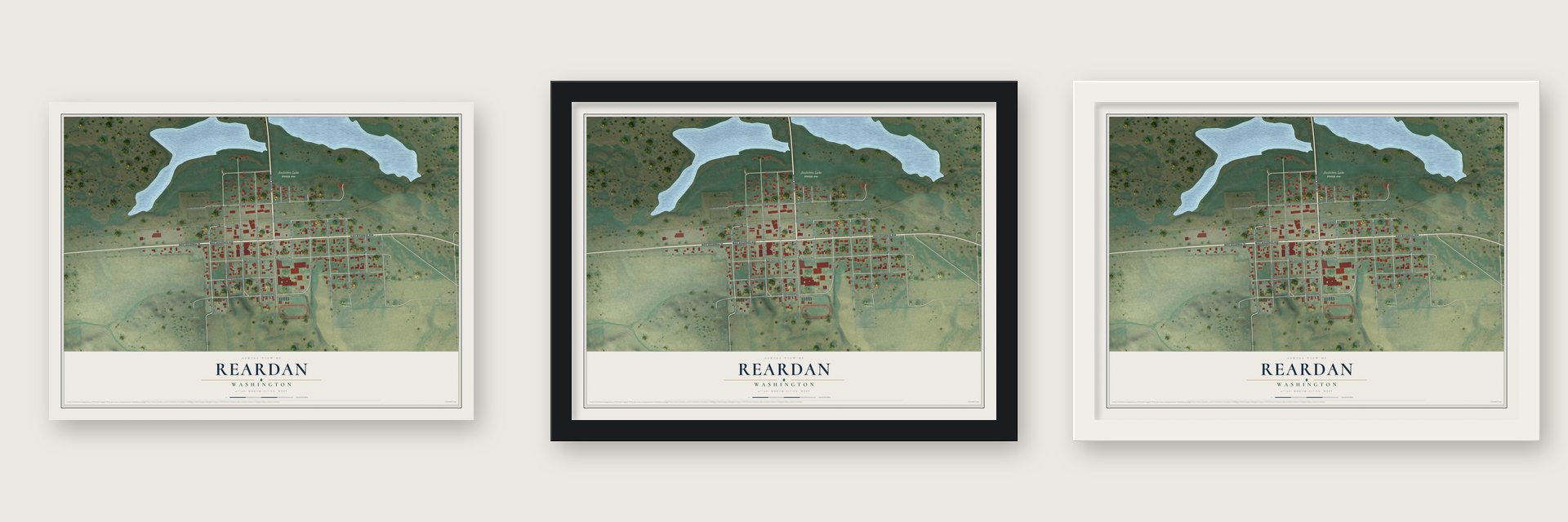 Reardan, Washington map unframed, in a black wood frame and in a white wood frame