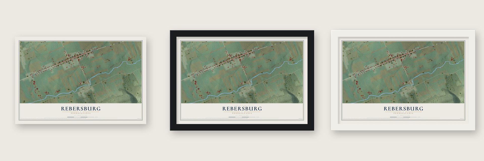 Rebersburg, Pennsylvania map unframed, in a black wood frame and in a white wood frame