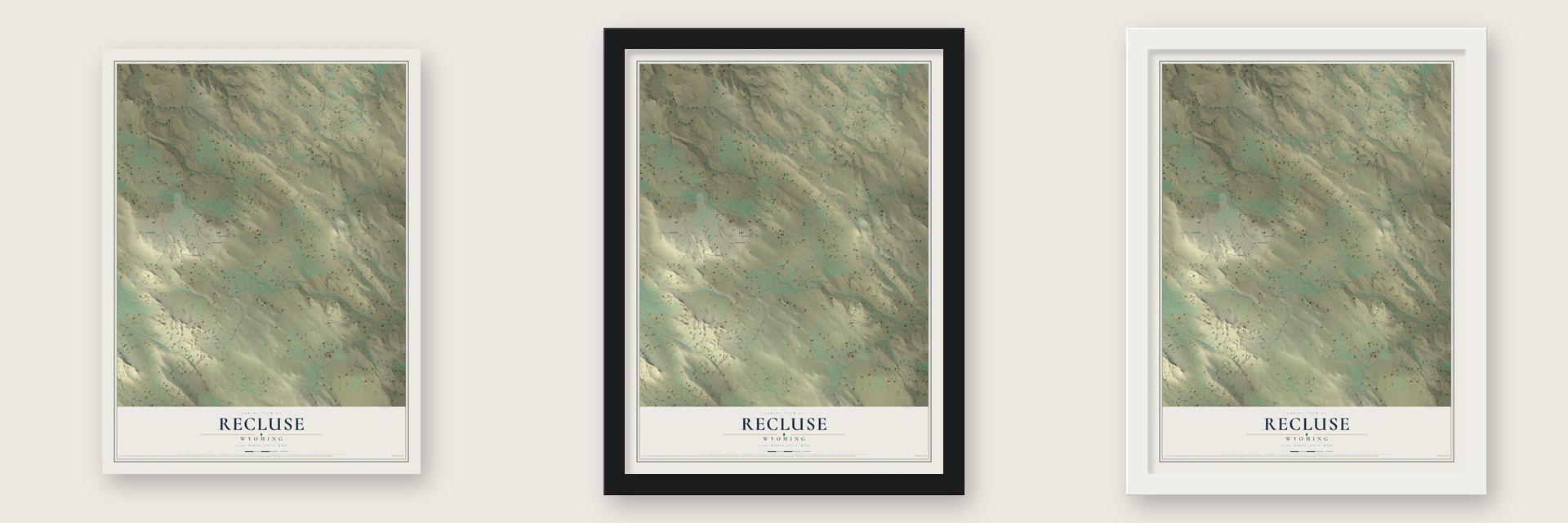 Recluse, Wyoming map unframed, in a black wood frame and in a white wood frame