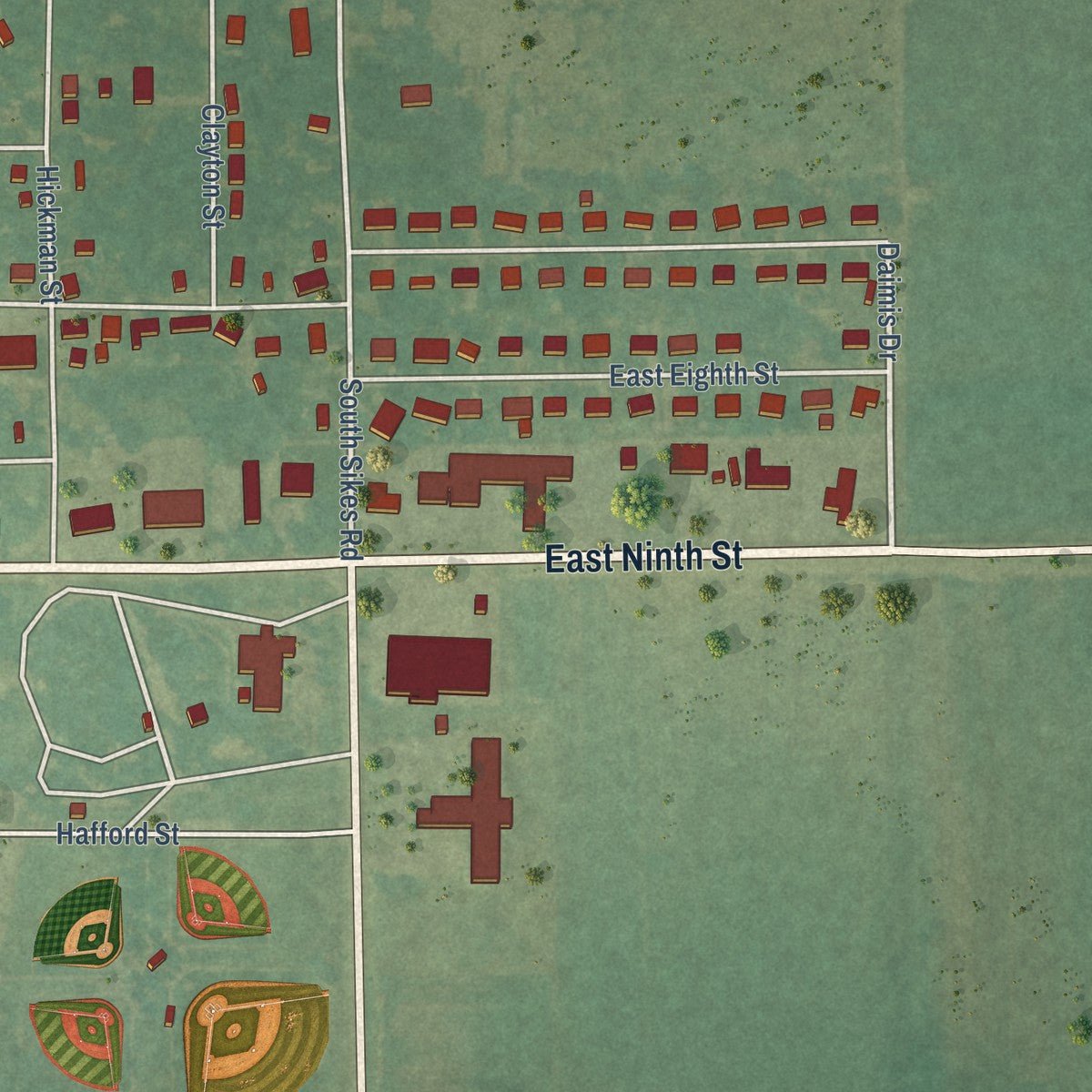 Second close-up of the map of Rector, Arkansas print showing more streets and buildings