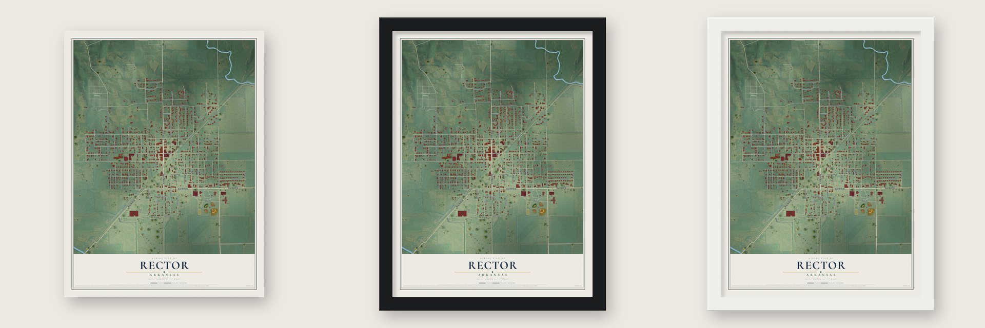 Rector, Arkansas map unframed, in a black wood frame and in a white wood frame