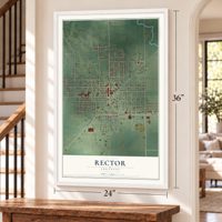 Rector, Arkansas map, 24 x 36 inch print in a white frame by a staircase