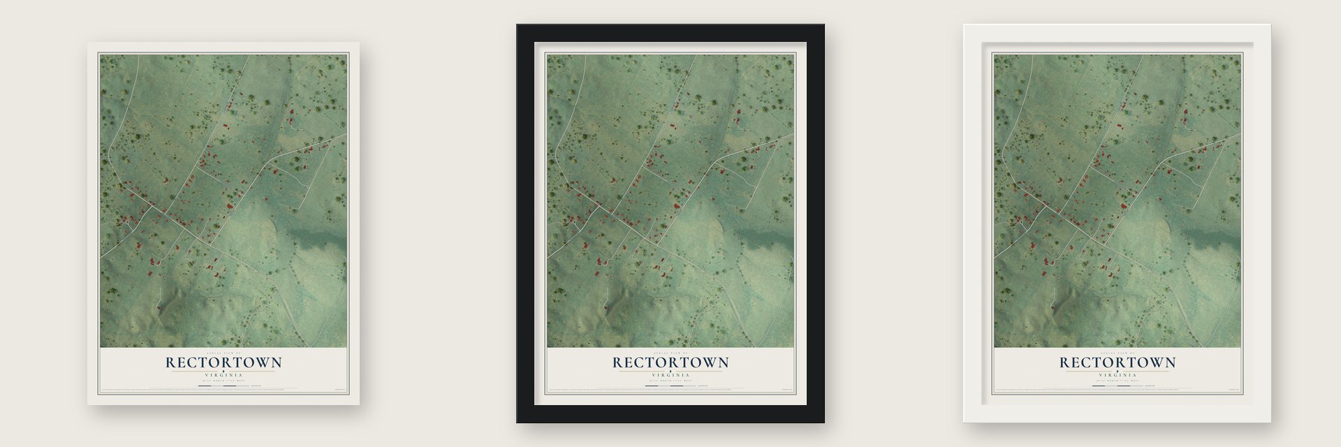 Rectortown, Virginia map unframed, in a black wood frame and in a white wood frame