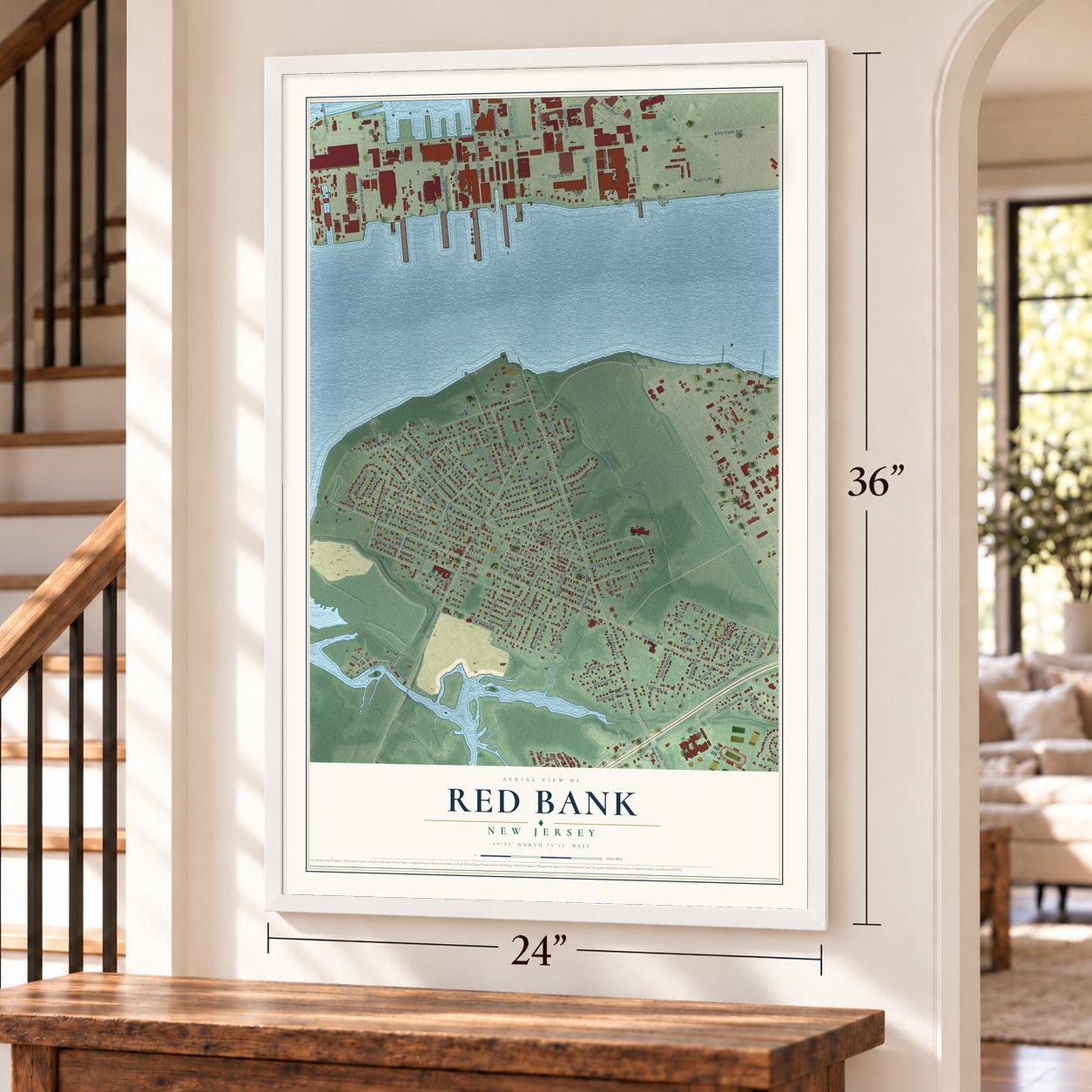 Red Bank, Gloucester County, New Jersey map, 24 x 36 inch print in a white frame by a staircase