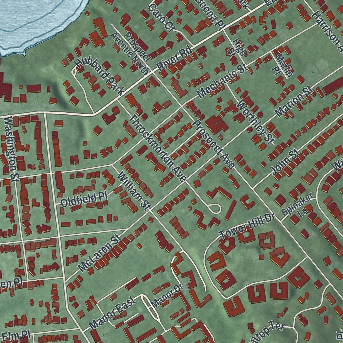 Second close-up of the map of Red Bank, New Jersey print showing more streets and buildings