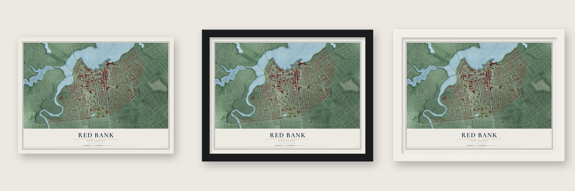 Red Bank, New Jersey map unframed, in a black wood frame and in a white wood frame