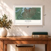 Red Bank, New Jersey map, 12 x 18 inch print in a white frame in an entryway