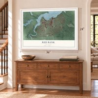 Red Bank, New Jersey map, 24 x 36 inch print in a white frame above a dresser by a staircase