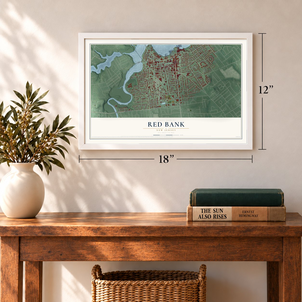 Red Bank, New Jersey map, 12 x 18 inch print in a white frame in an entryway