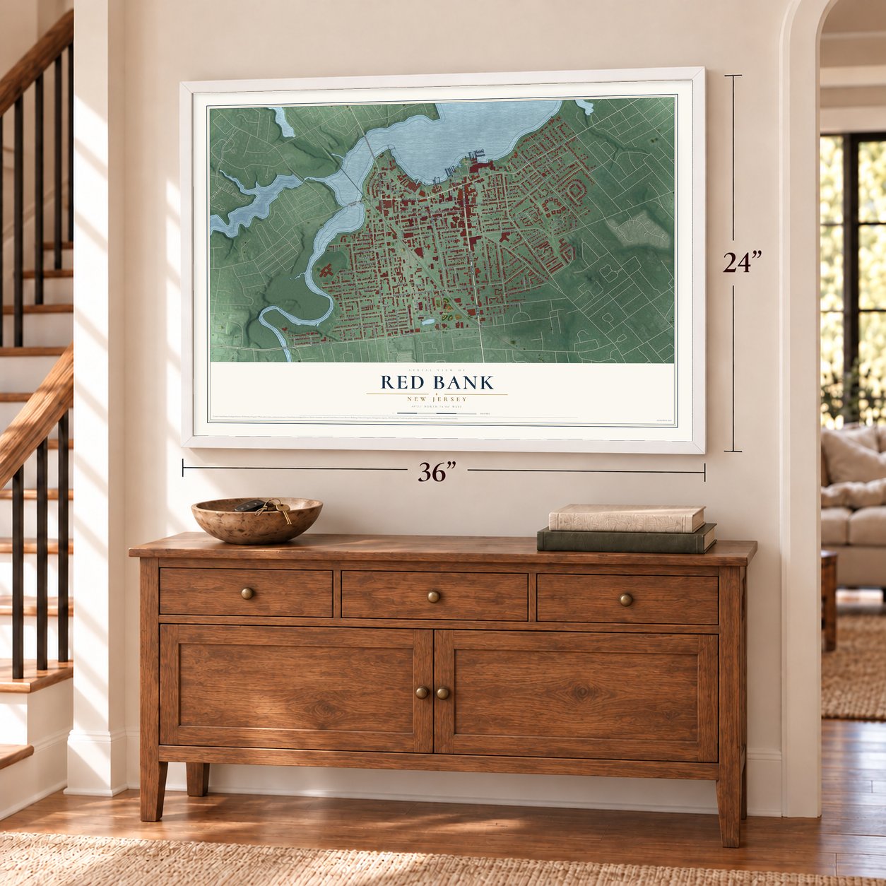 Red Bank, New Jersey map, 24 x 36 inch print in a white frame above a dresser by a staircase
