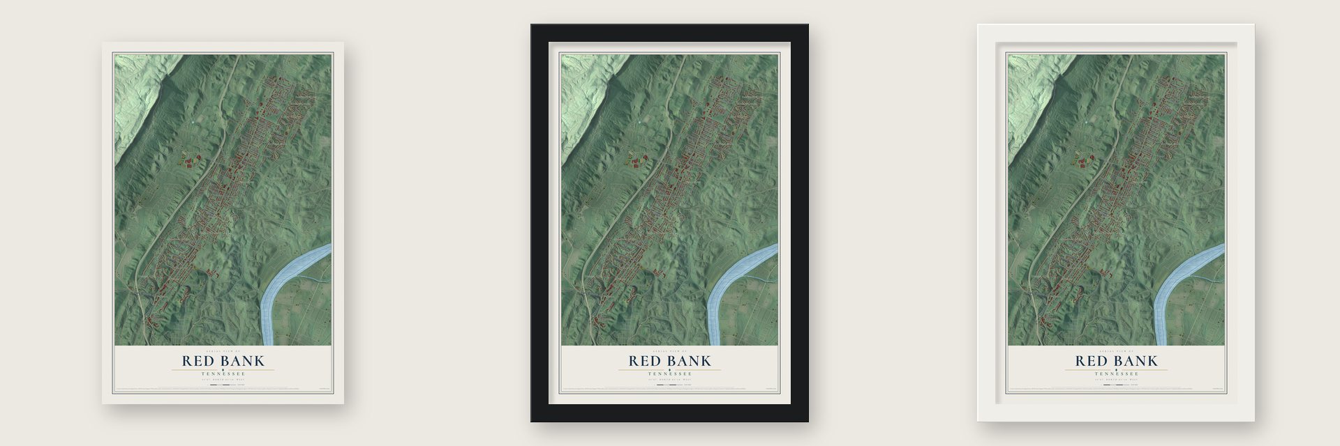 Red Bank, Tennessee map unframed, in a black wood frame and in a white wood frame