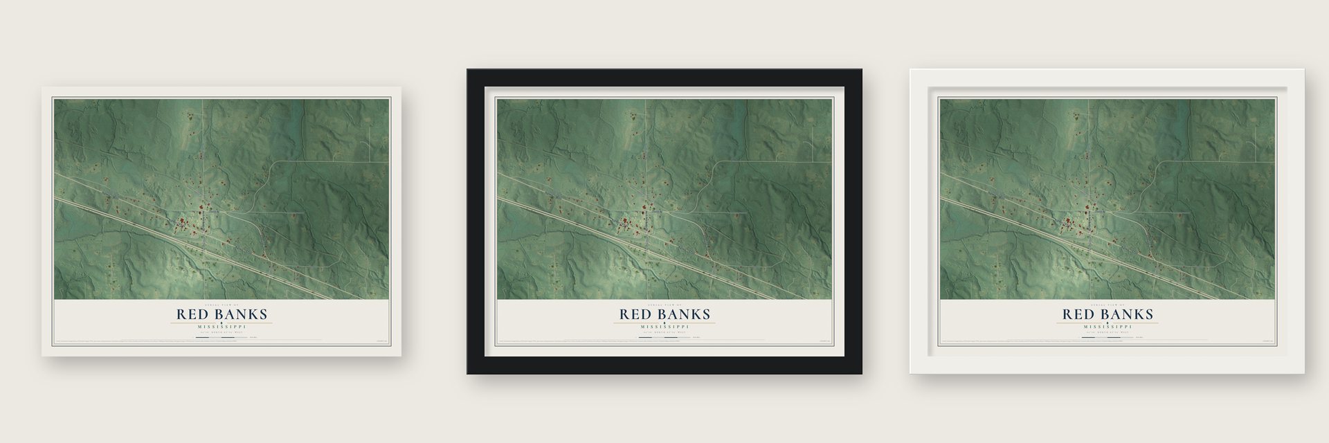 Red Banks, Mississippi map unframed, in a black wood frame and in a white wood frame