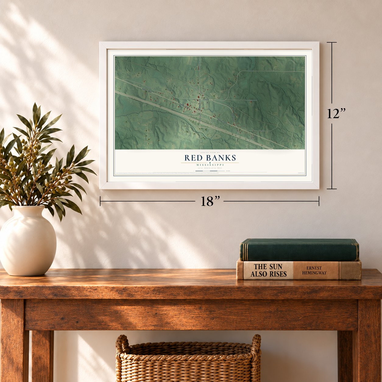 Red Banks, Mississippi map, 12 x 18 inch print in a white frame in an entryway