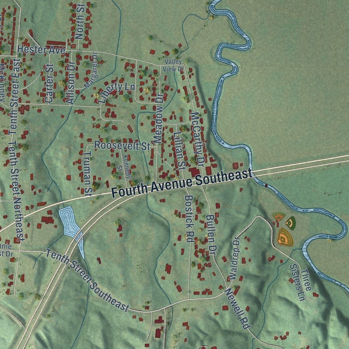 Second close-up of the map of Red Bay, Alabama print showing more streets and buildings