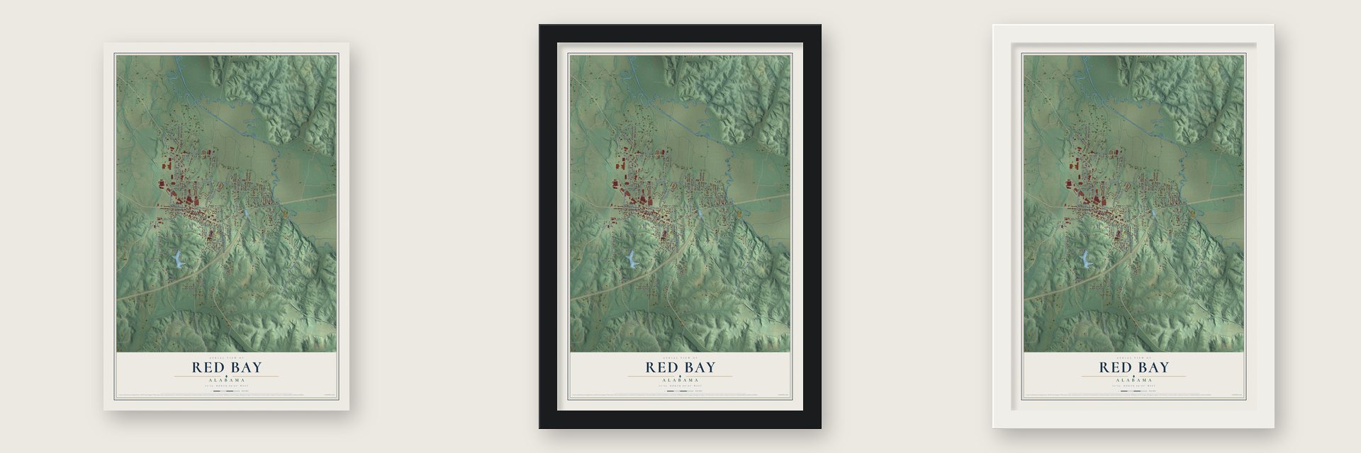 Red Bay, Alabama map unframed, in a black wood frame and in a white wood frame