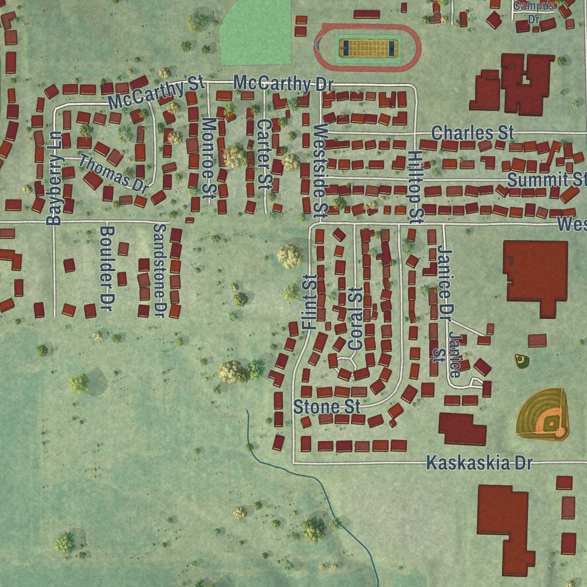 Second close-up of the map of Red Bud, Illinois print showing more streets and buildings