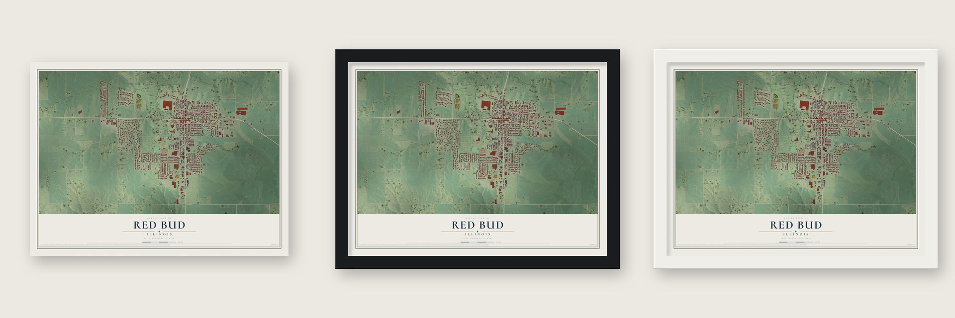 Red Bud, Illinois map unframed, in a black wood frame and in a white wood frame