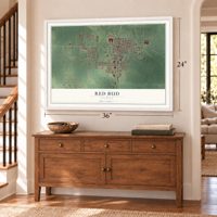 Red Bud, Illinois map, 24 x 36 inch print in a white frame above a dresser by a staircase