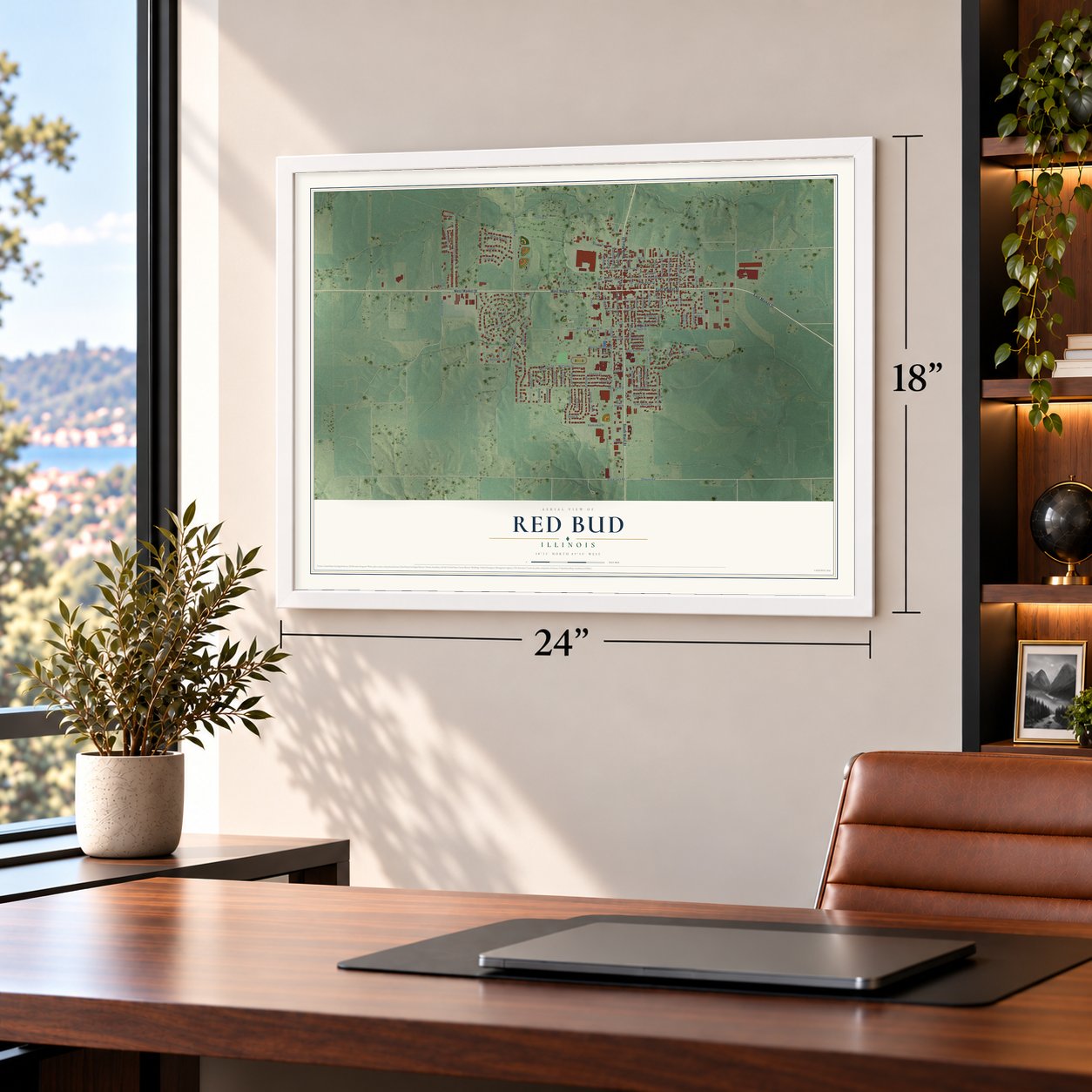 Red Bud, Illinois map, 18 x 24 inch print in a white frame in a home office