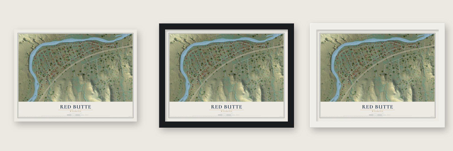 Red Butte, Wyoming map unframed, in a black wood frame and in a white wood frame