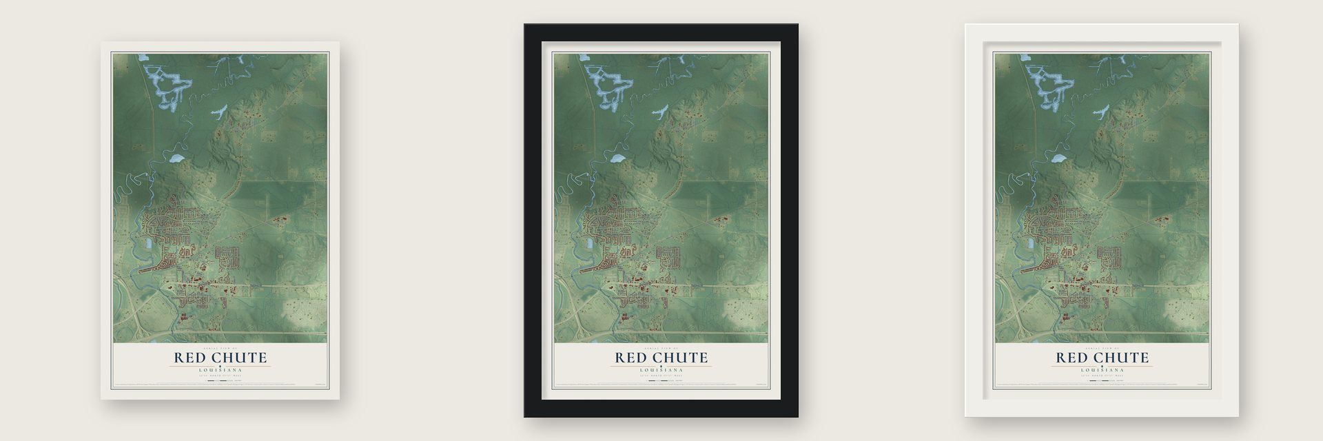 Red Chute, Louisiana map unframed, in a black wood frame and in a white wood frame