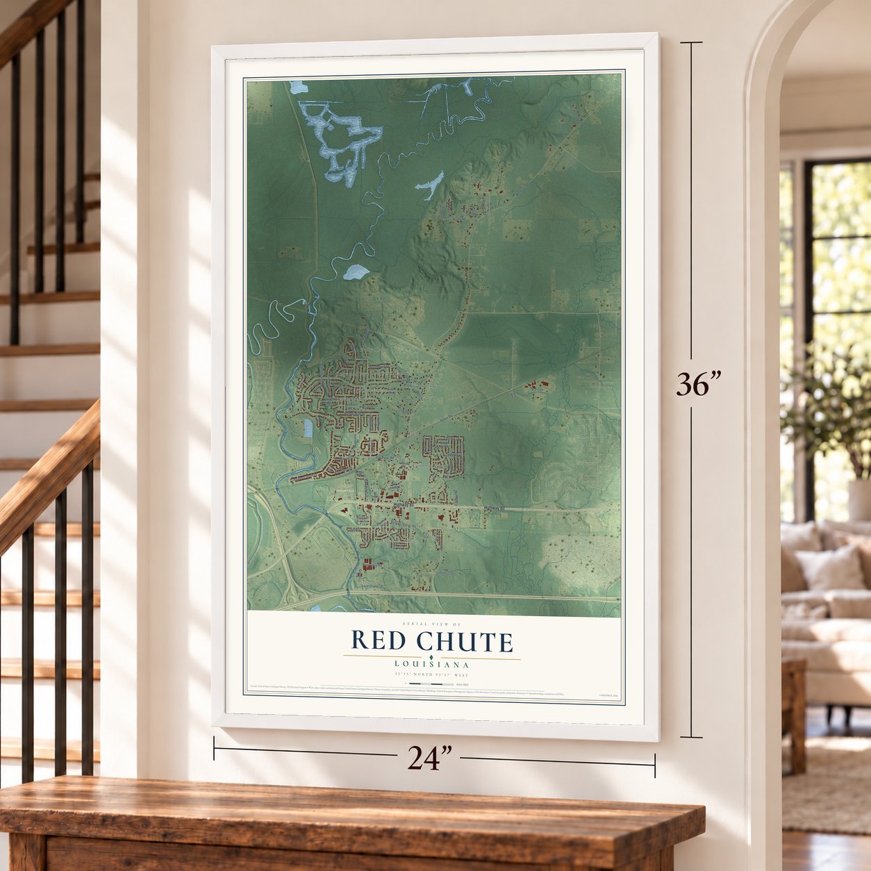 Red Chute, Louisiana map, 24 x 36 inch print in a white frame by a staircase