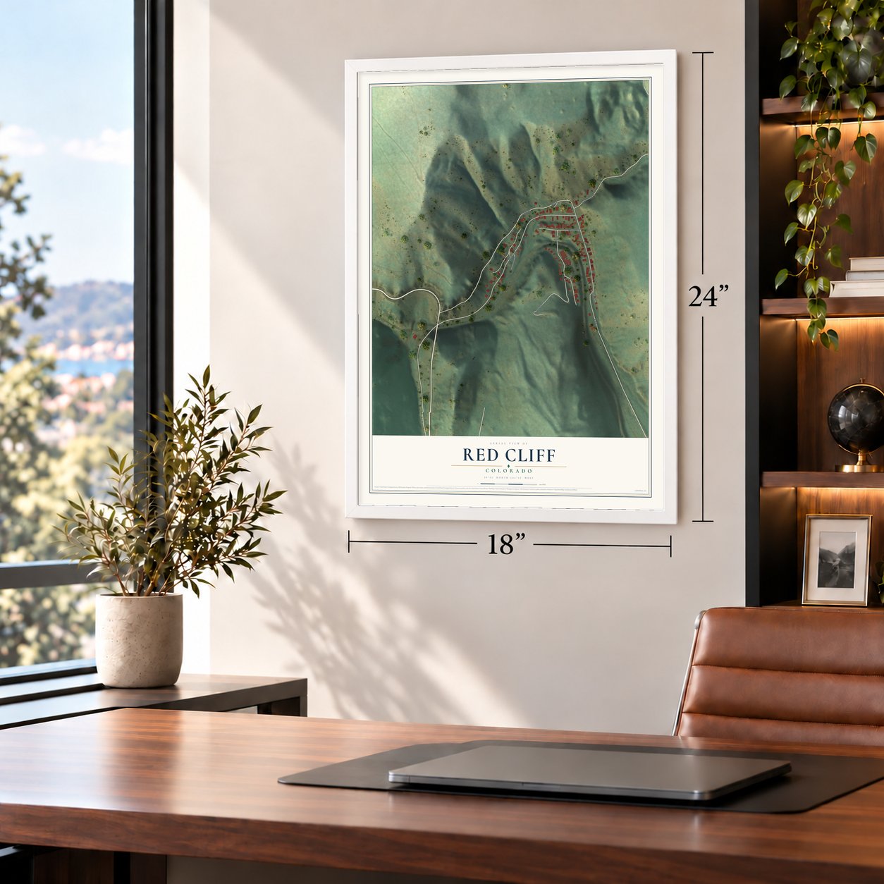 Red Cliff, Colorado map, 18 x 24 inch print in a white frame in a home office