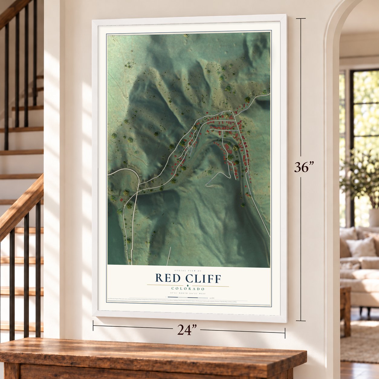 Red Cliff, Colorado map, 24 x 36 inch print in a white frame by a staircase