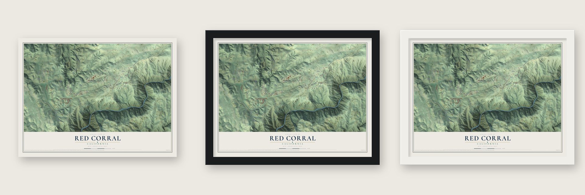 Red Corral, California map unframed, in a black wood frame and in a white wood frame