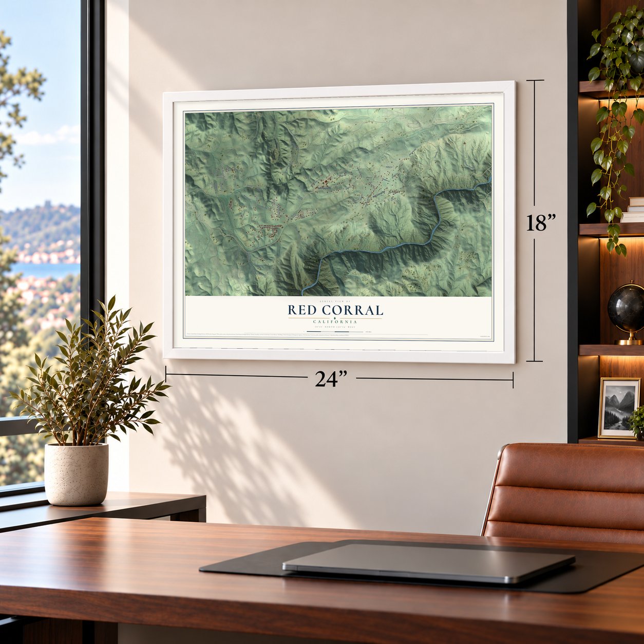 Red Corral, California map, 18 x 24 inch print in a white frame in a home office
