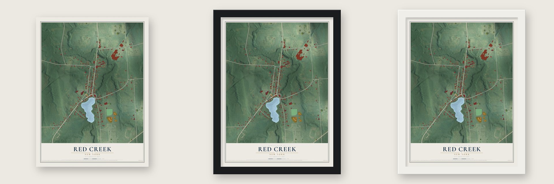 Red Creek, New York map unframed, in a black wood frame and in a white wood frame