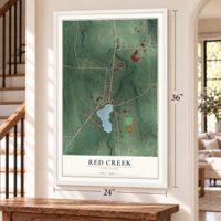 Red Creek, New York map, 24 x 36 inch print in a white frame by a staircase