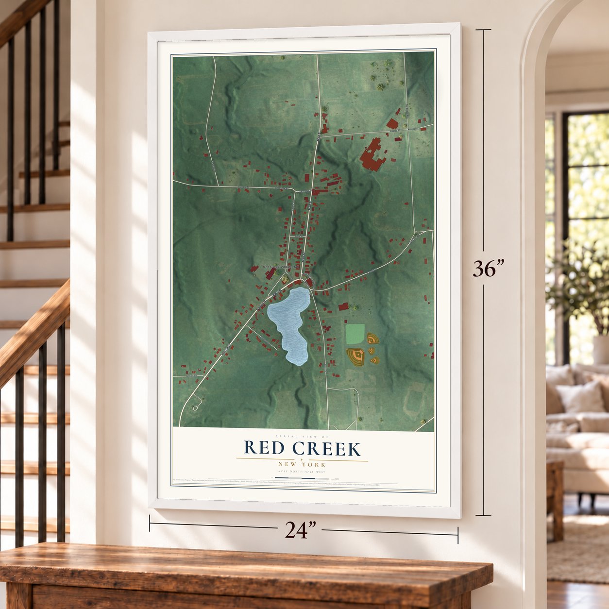 Red Creek, New York map, 24 x 36 inch print in a white frame by a staircase