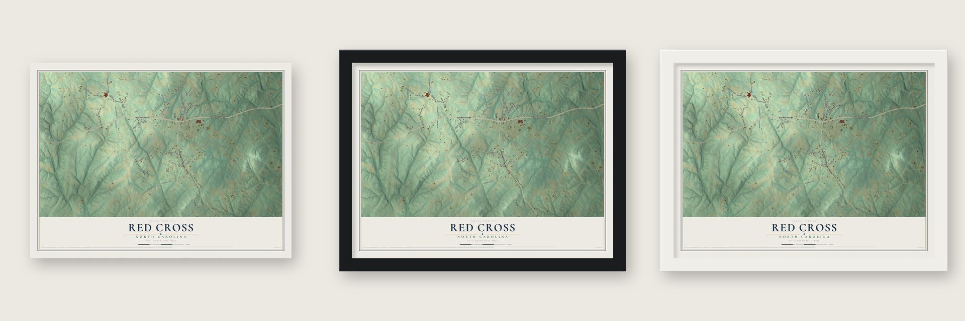 Red Cross, North Carolina map unframed, in a black wood frame and in a white wood frame